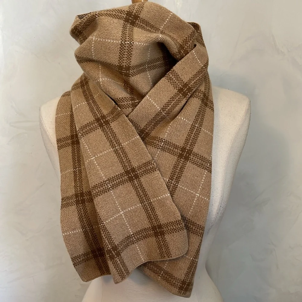 Brown,Tan,White Plaid Wool, Cashmere & Angora Blend Scarf Made n Italy 10”Wx66”L